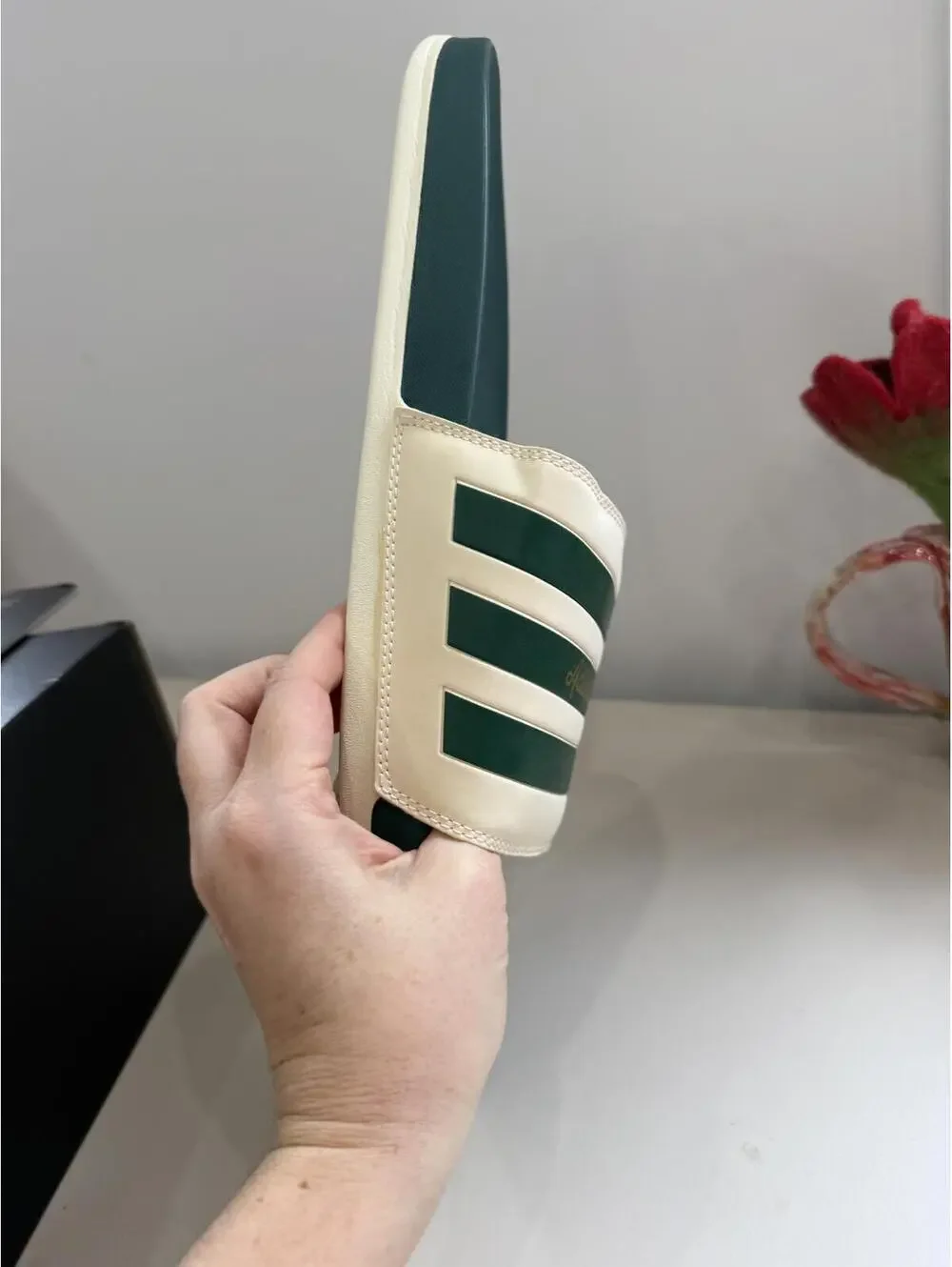 Adilette Slide Sandals with Green and Cream Stripes Men's Size 18